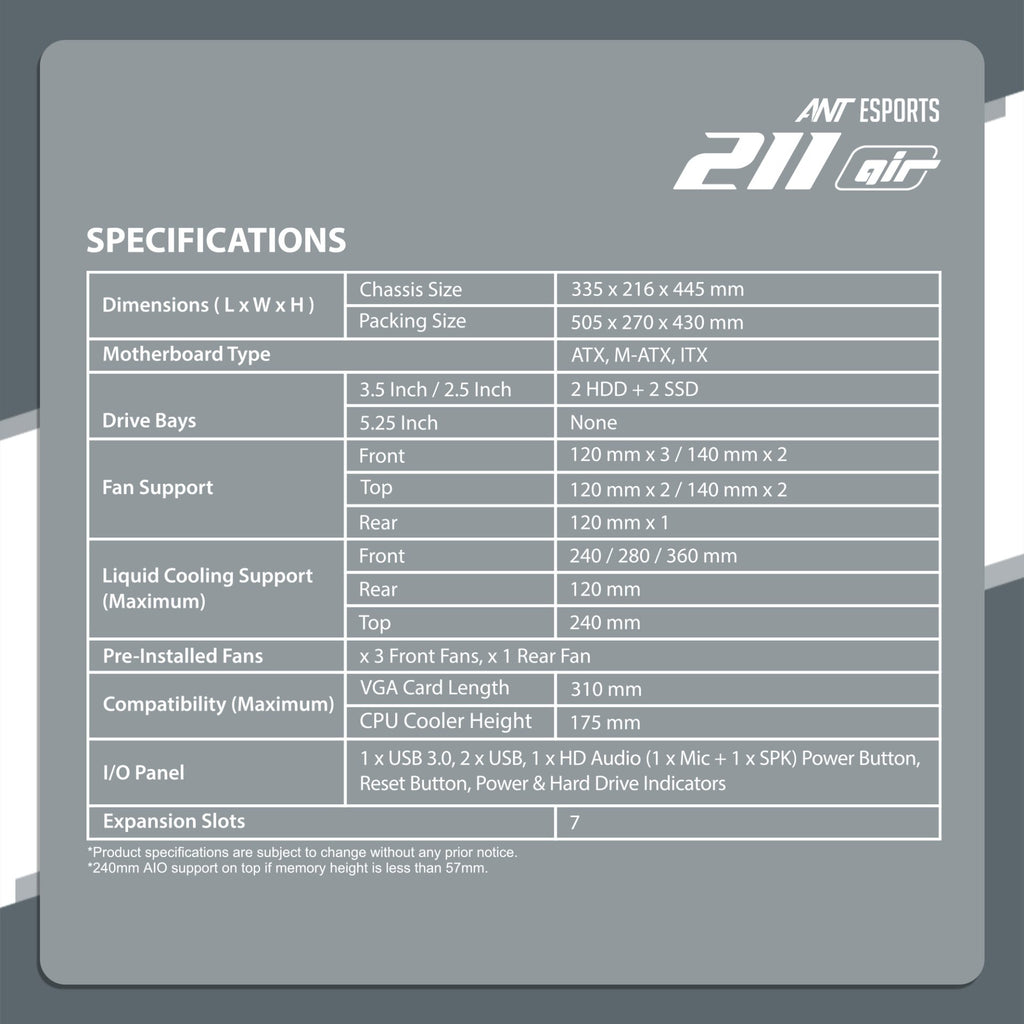 Ant Esports Chassis 211 Air Black ( Chassis Witout PSU )