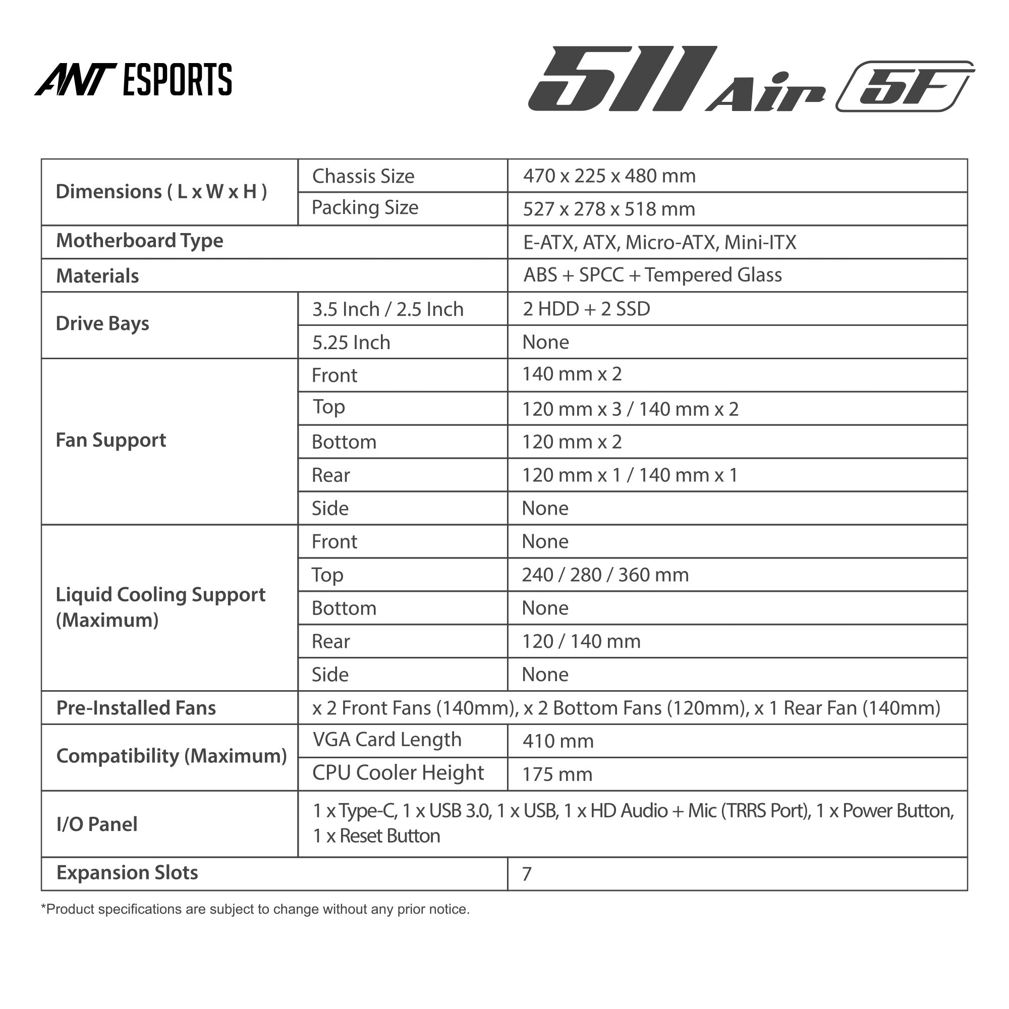 Ant Esports Chassis 511 Air 5F - Black ( Chassis Without Power Supply )