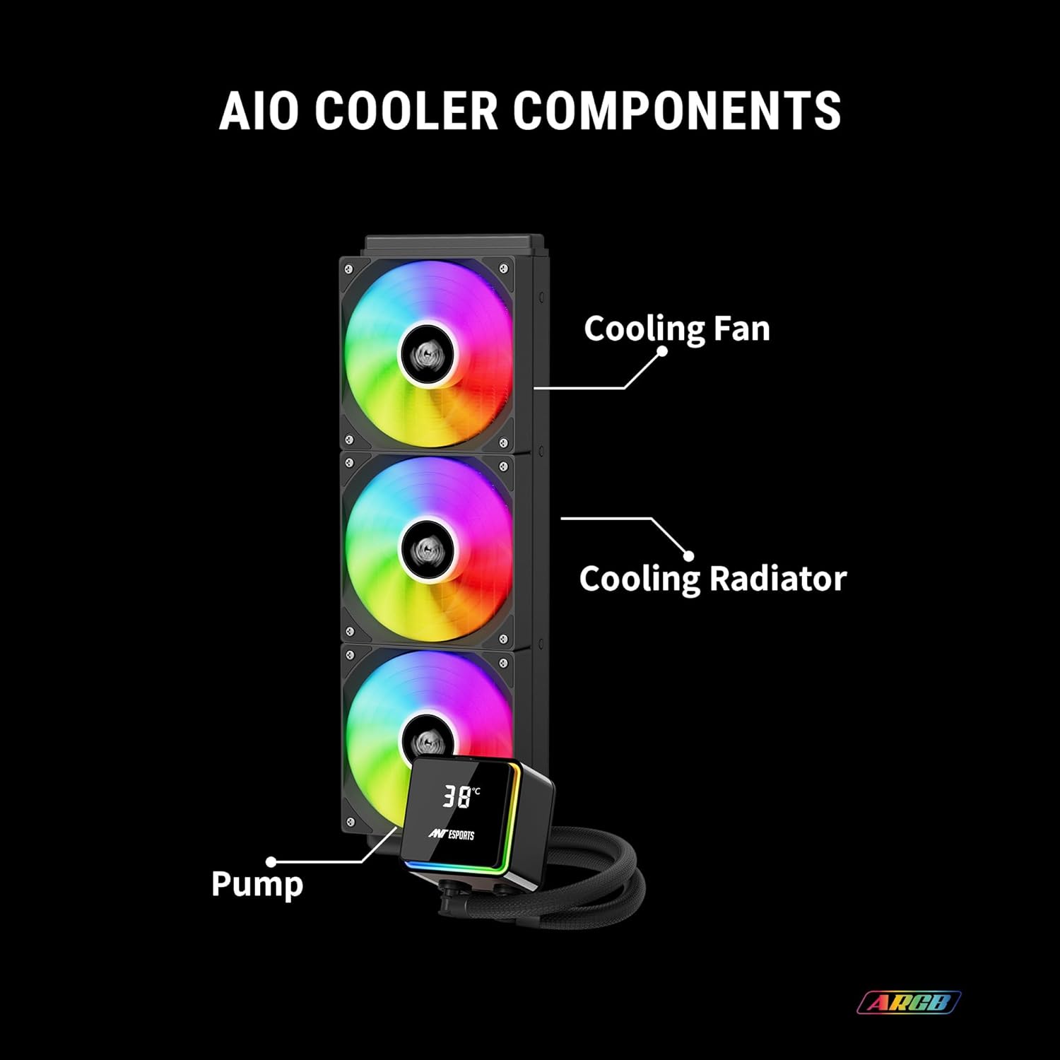 ANT ESPORTS LIQUID COOLER ARGB 360MM WITH DIGITAL TEMPERATURE DISPLAY BLACK - ICE STORM 360