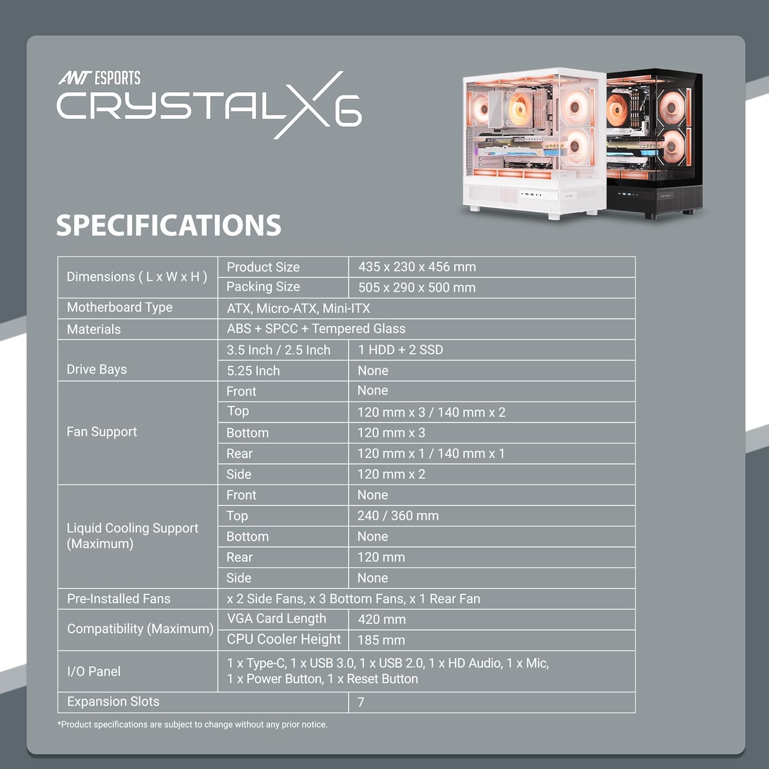 Ant Esports Chassis Crystal X6 -Black ( Chassis Without Power Supply )