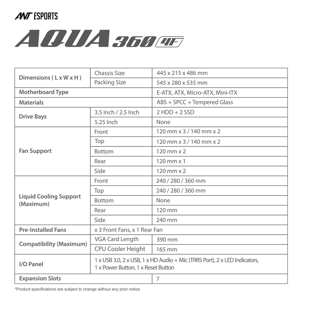 Ant Esports Chassis AQUA 360 4F - Black ( Chassis Without Power Supply )
