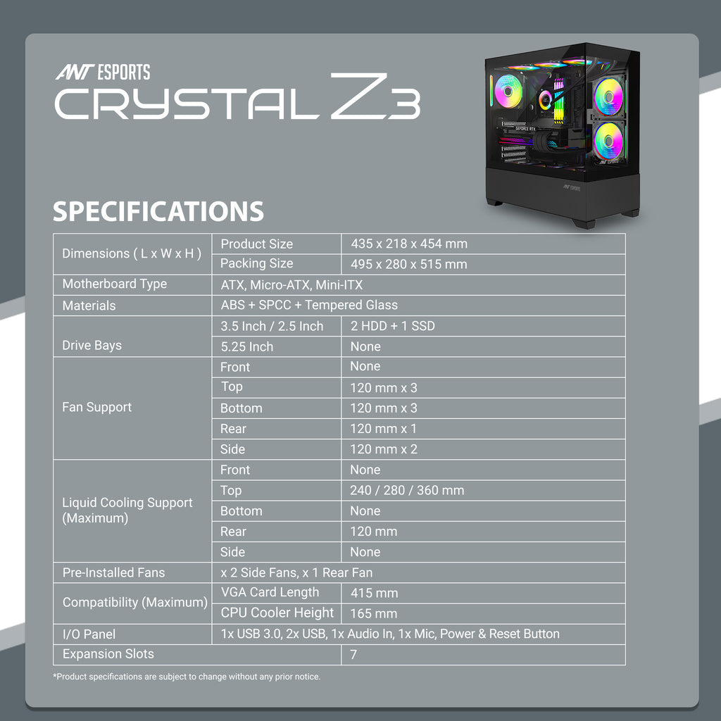 Ant Esports Chassis CRYSTAL Z3 Black ( Chassis Witout Power Supply )