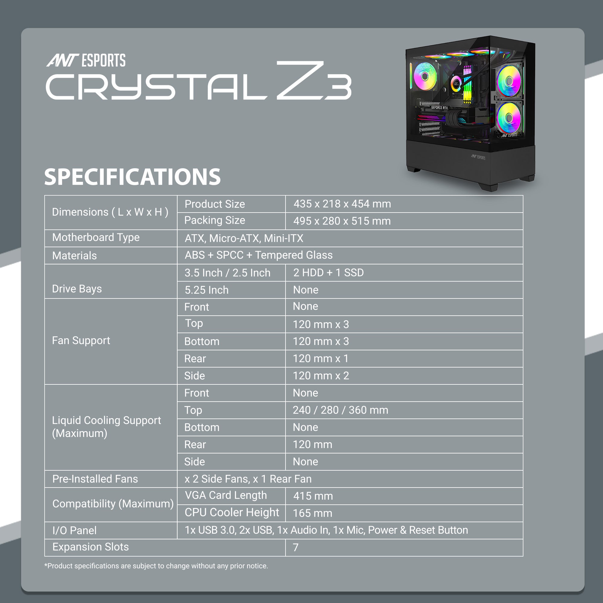Ant Esports Chassis CRYSTAL Z3 Black ( Chassis Witout Power Supply )