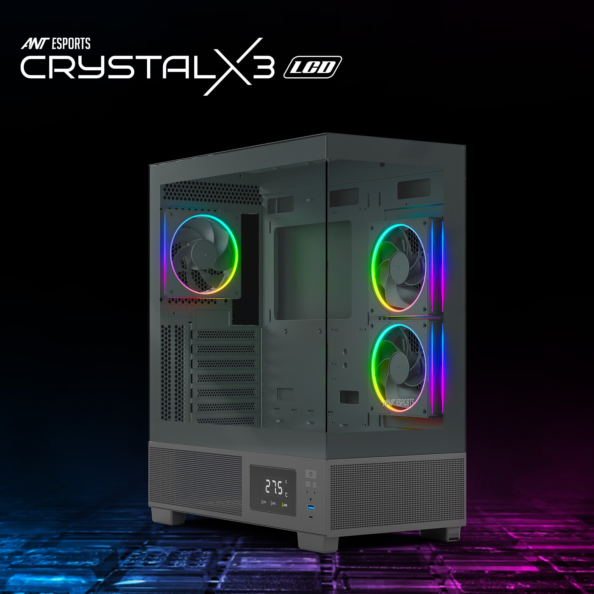 Ant Esports Chassis Crystal X3 LCD - Black ( Chassis Without Power Supply )