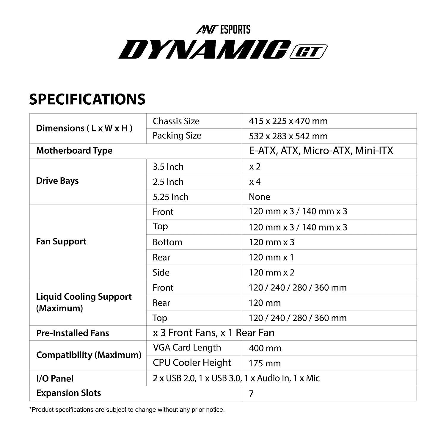 Ant Esports Chassis DYNAMIC GT ( Chassis Without Power Supply )