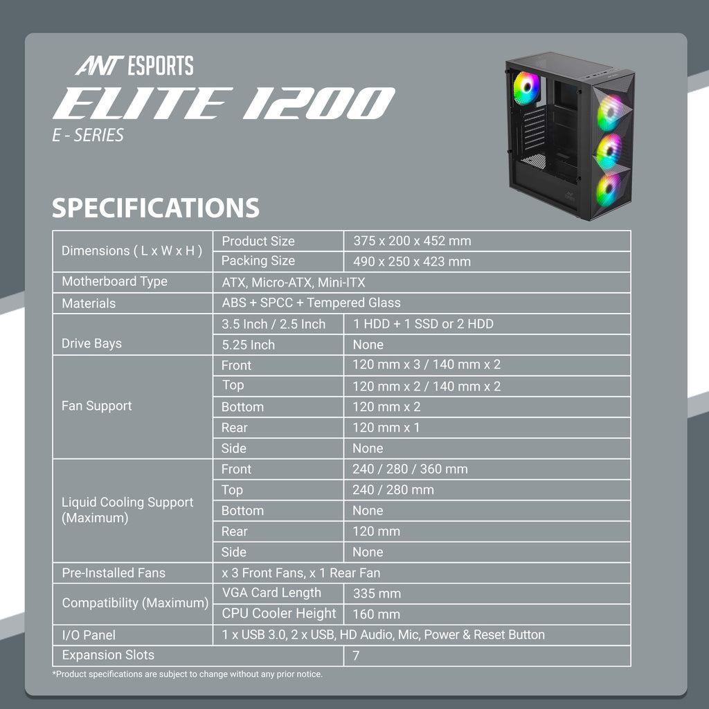 Ant Esports Chassis Elite 1200 Black ( Chassis Without PSU )