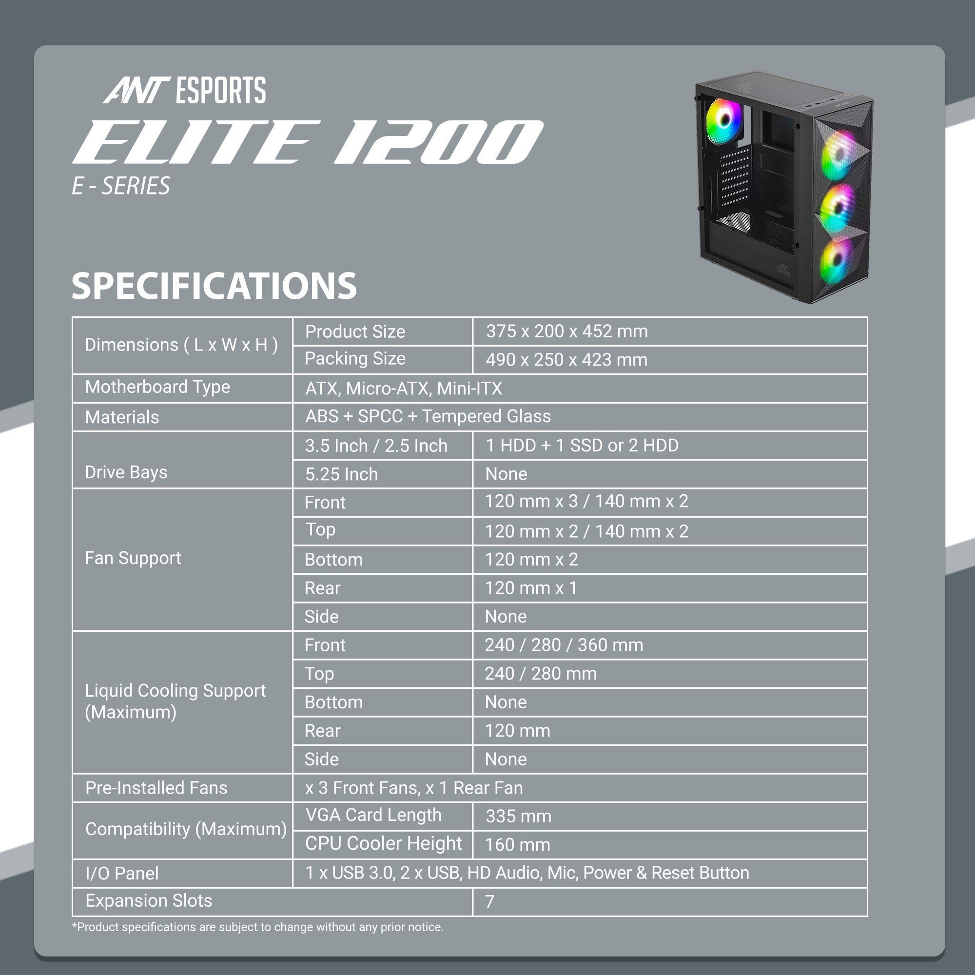 Ant Esports Chassis Elite 1200 Black ( Chassis Without PSU )