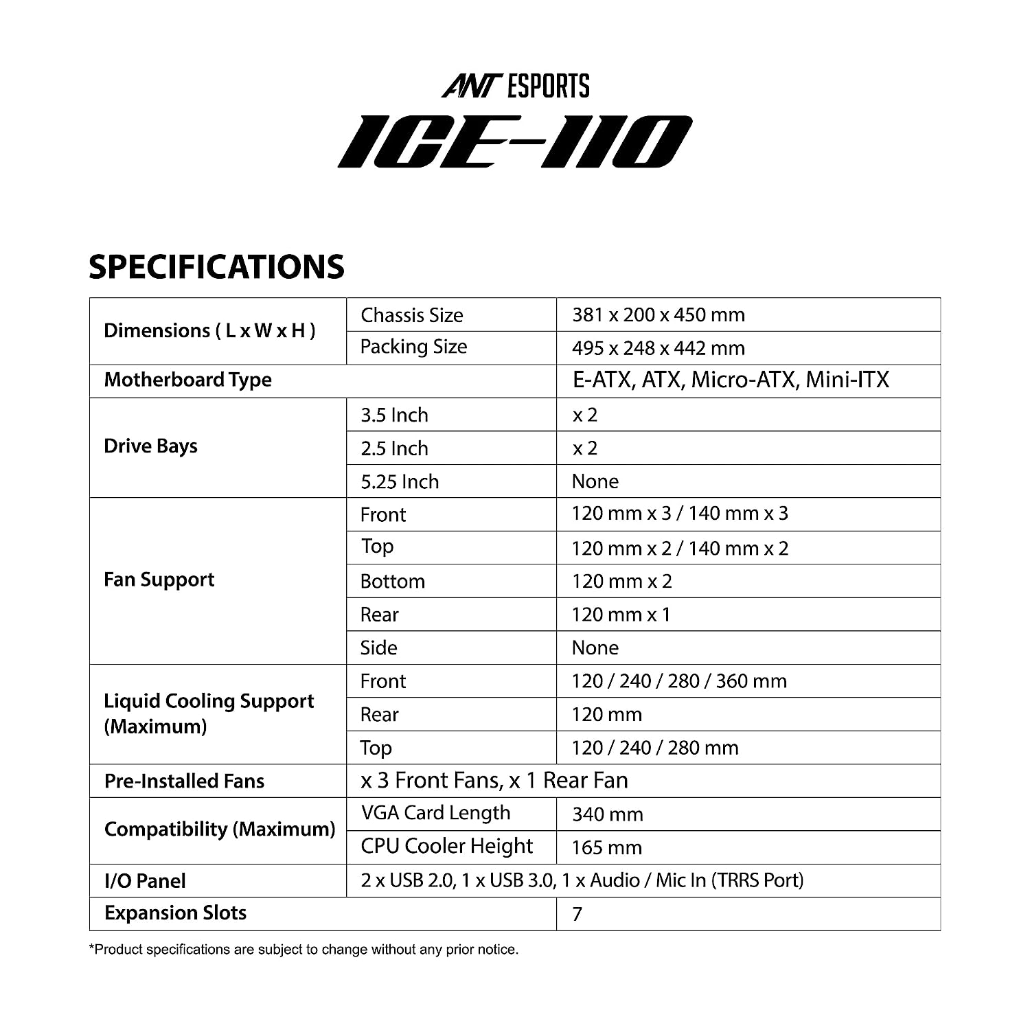 Ant Esports Chassis ICE-110 With ARGB FAN (Chassis Without Power Supply ) NEW