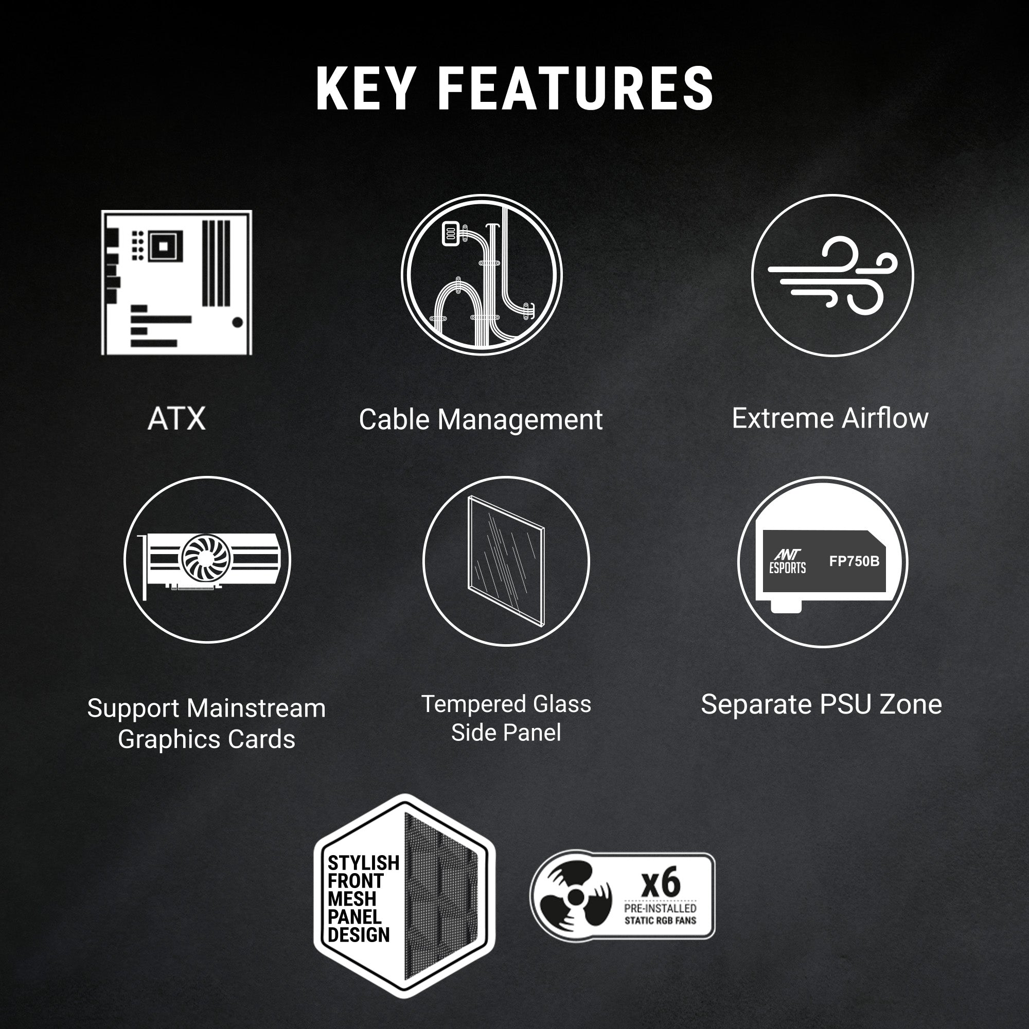 Ant Esports Chassis ICE 270G 6F with Glass Front Panel & 6 Fan - Black ( Chassis Without Power Supply )
