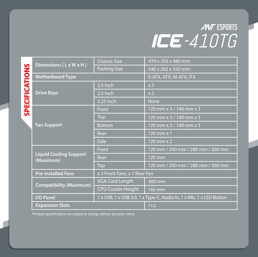 Ant Esports Chassis ICE-410TG Black ( Without Power Supply )