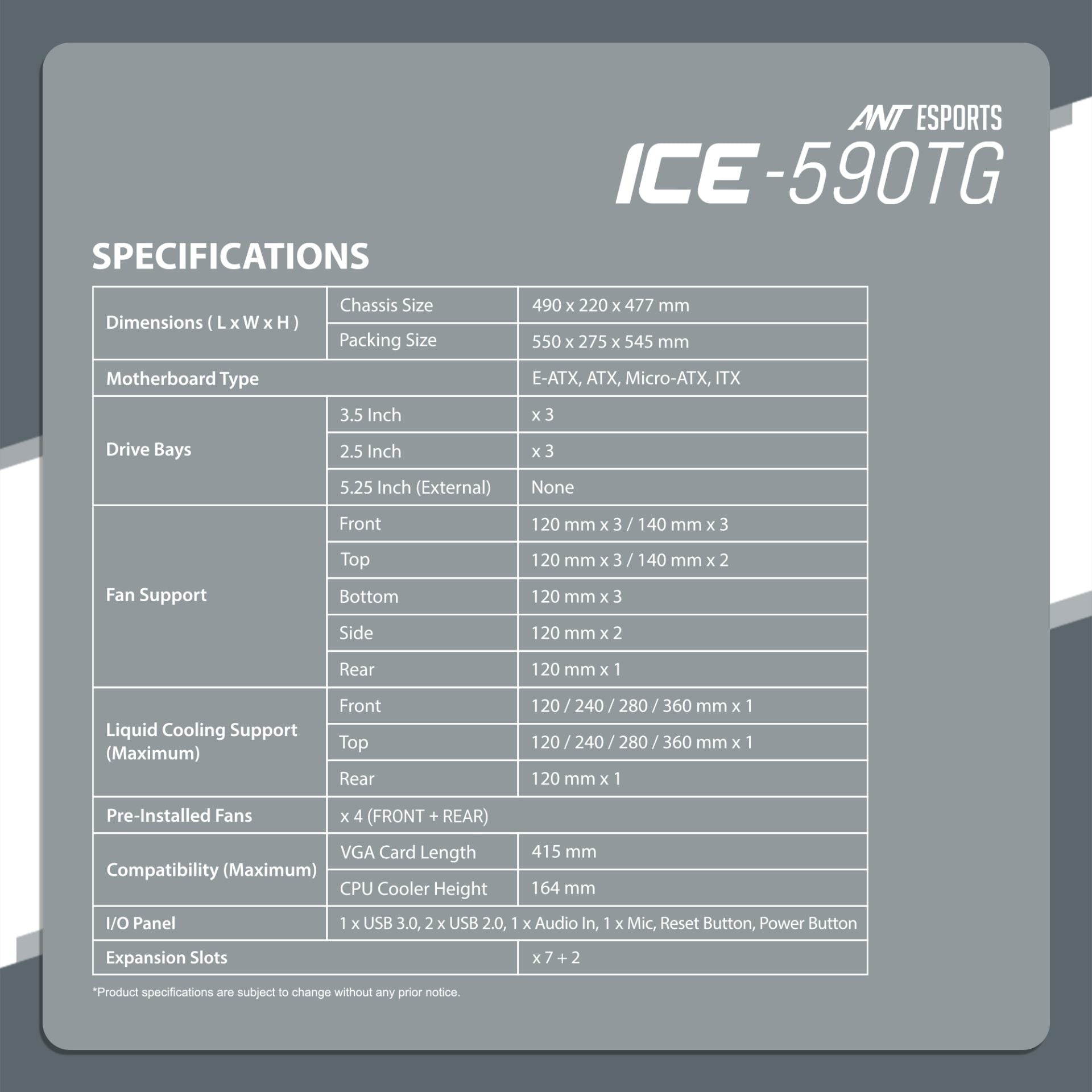 Ant Esports Chassis ICE-590TG ( Chassis Without PSU )