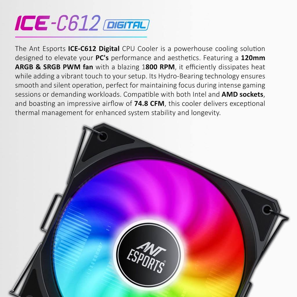 Ant Esports ICE-C612 V2 ARGB AM5/LGA1851 Black Air Cooler