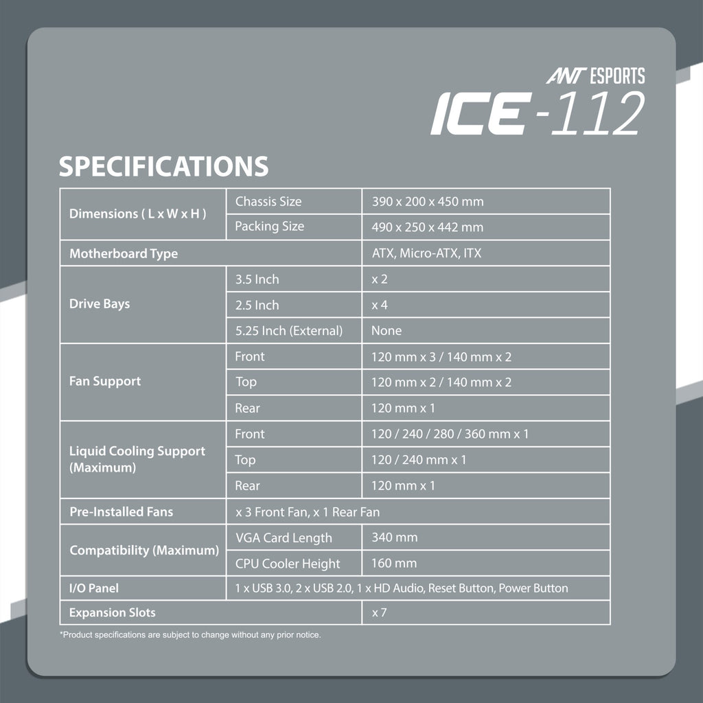 Ant Esports Chassis ICE-112 White ( Chassis Without PSU )