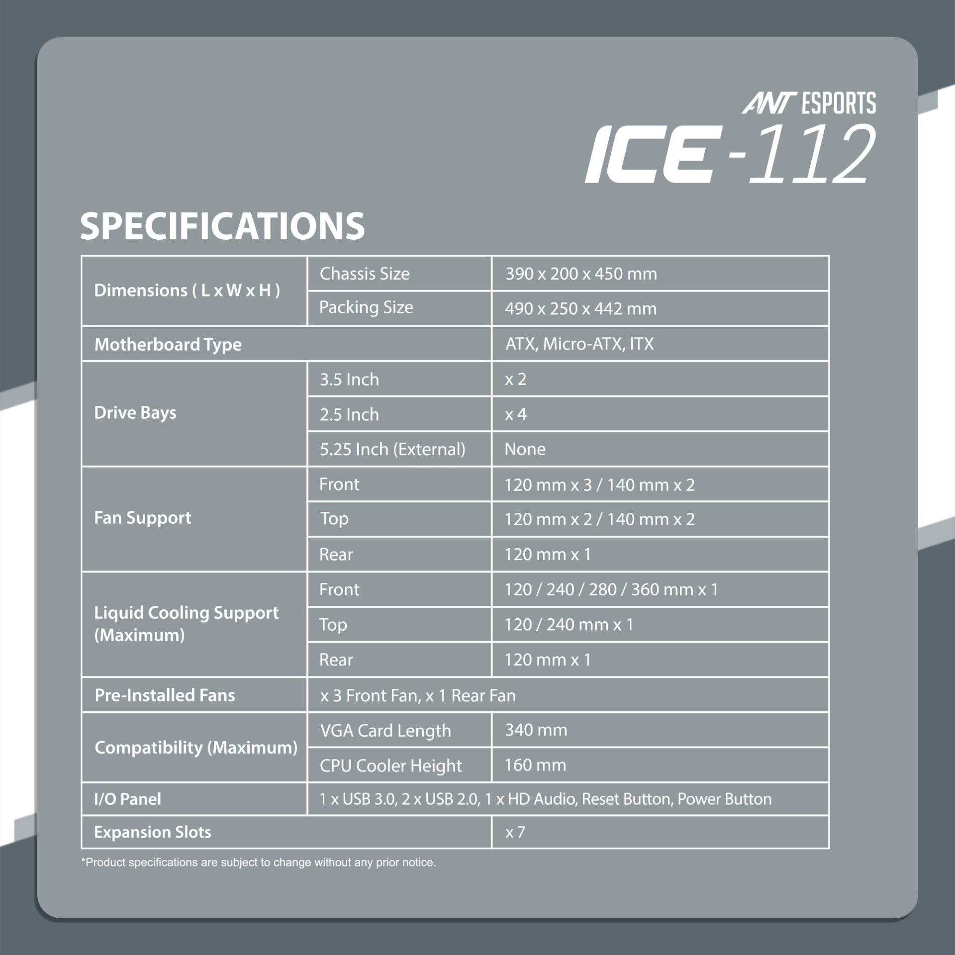 Ant Esports Chassis ICE-112 White ( Chassis Without PSU )