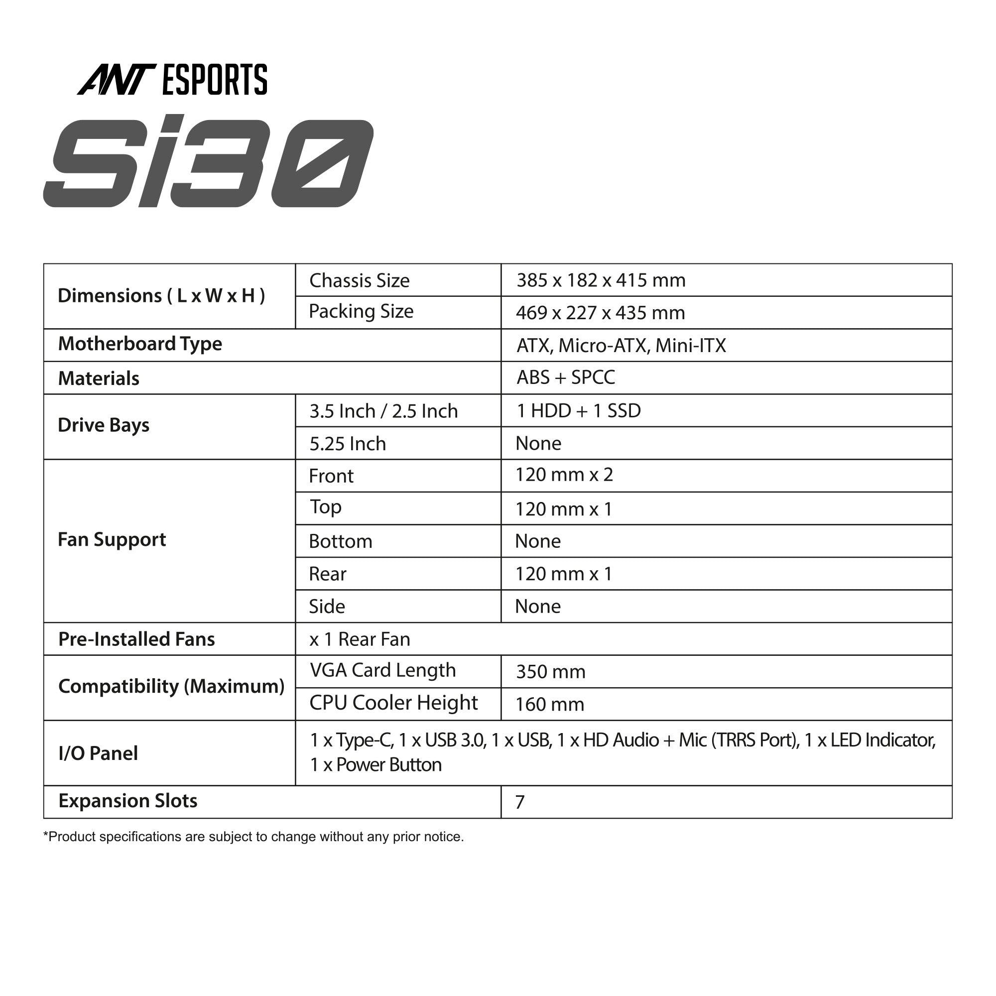 Ant Esports Chassis Si30 - Black ( Chassis Without Power Supply ) With Type C Port