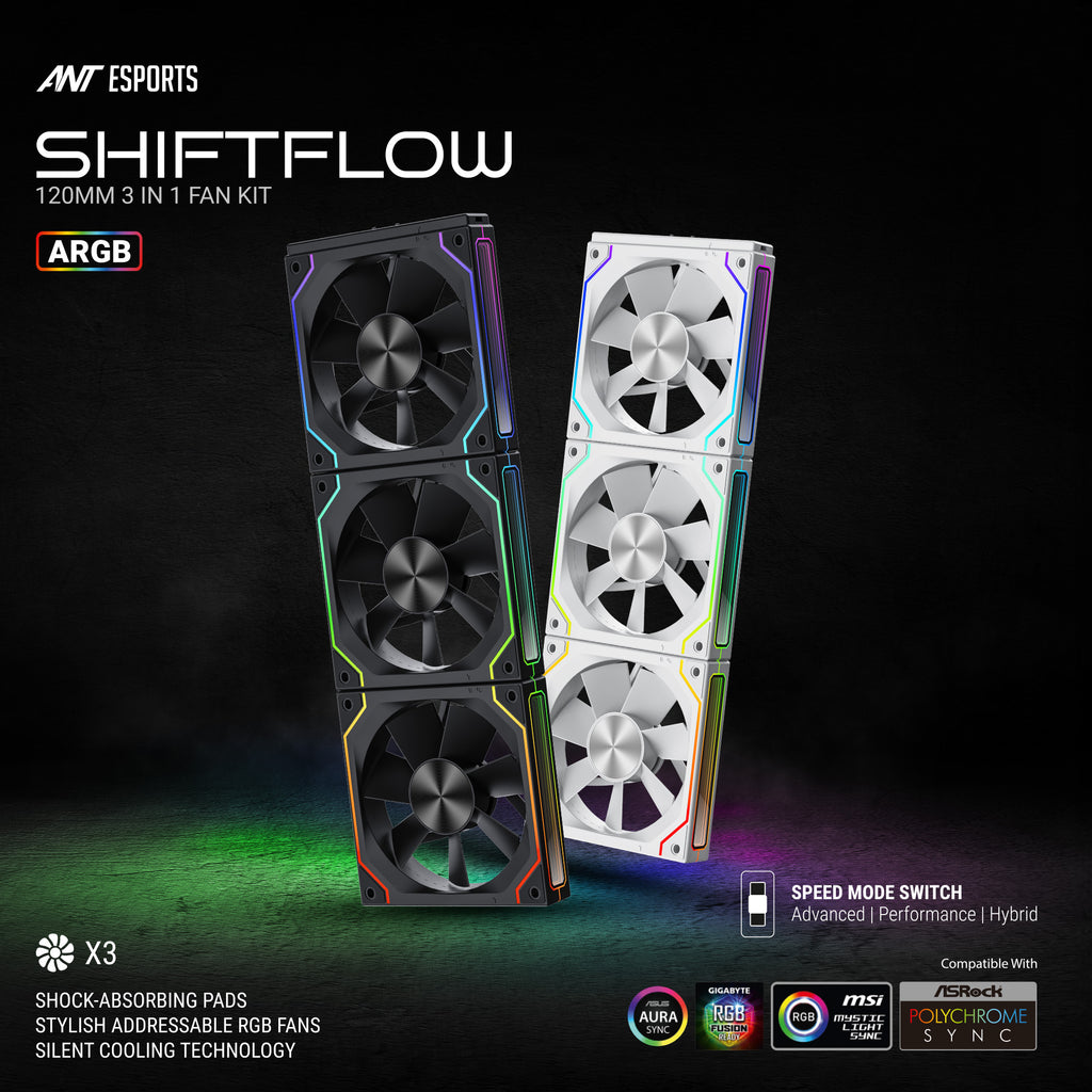Ant Esports Shiftflow 3x120mm ARGB Revesible Stackable Black Case Fan Kit