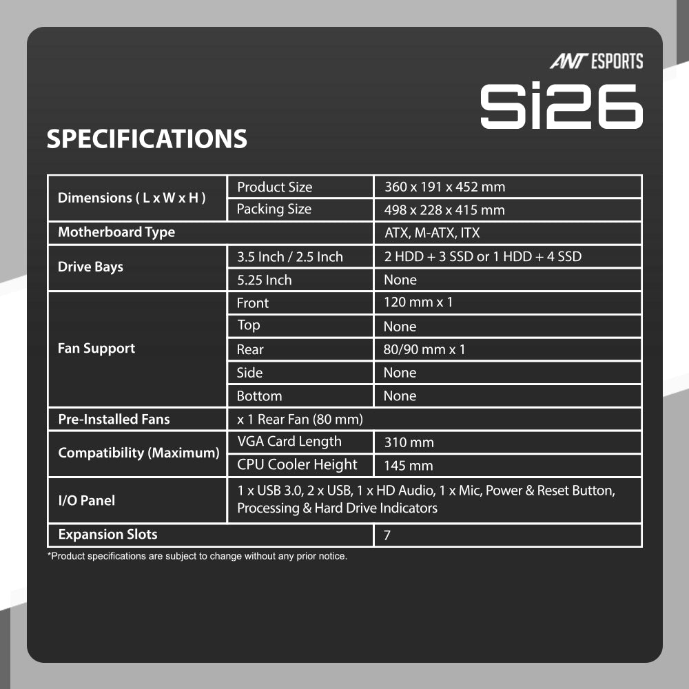 Ant Esports Chassis SI26 ( Chassis Without PSU ) Black