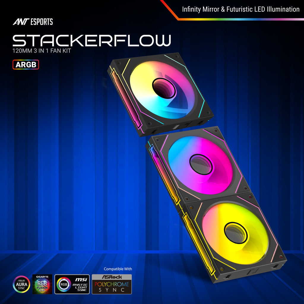 Ant Esports Stackerflow 3x120mm ARGB Stackable Black Case Fan kit
