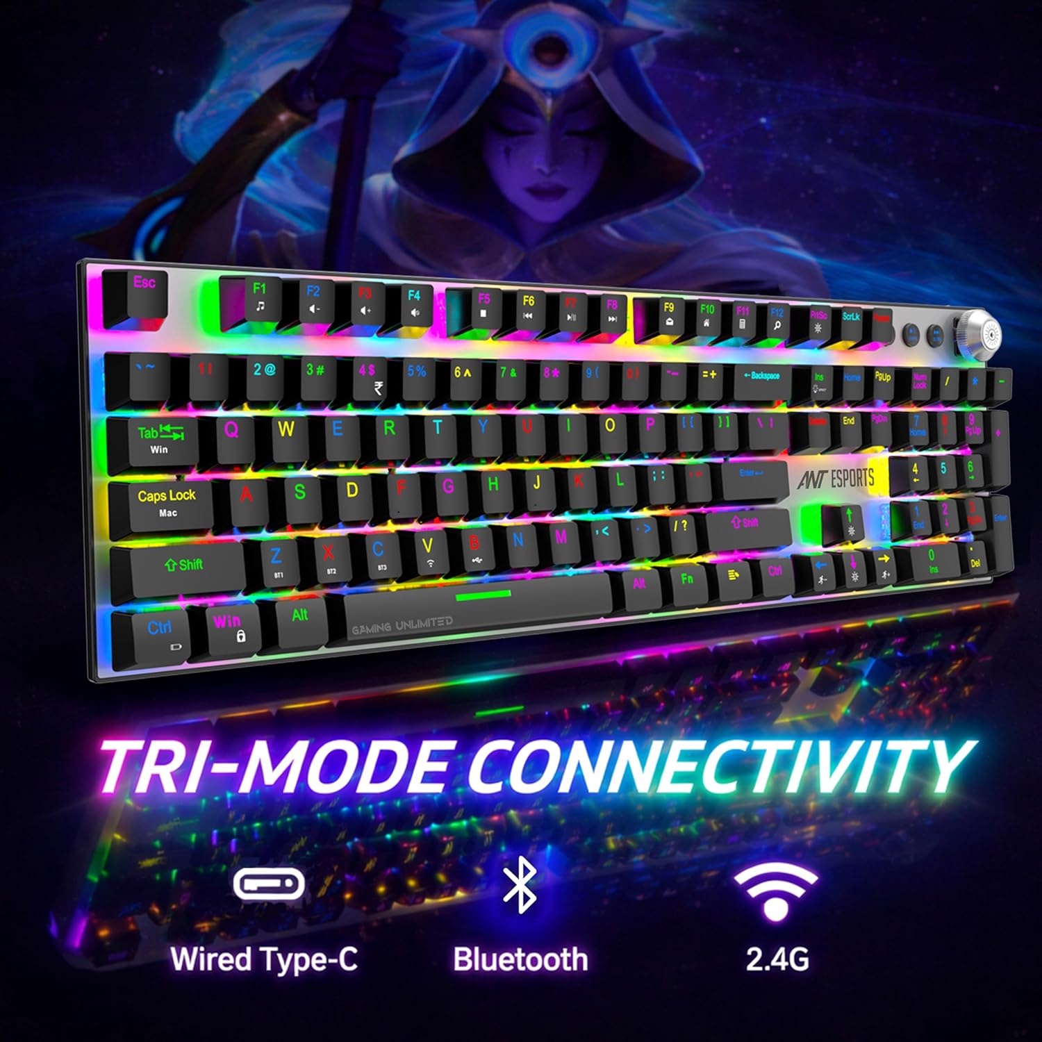 ANT ESPORTS - 3 IN 1 WIRELESS RGB MECHANICAL KEYBOARD FULL SIZE BROWN SWITCH BLACK - MK4400 PRO - Pakshal Impex