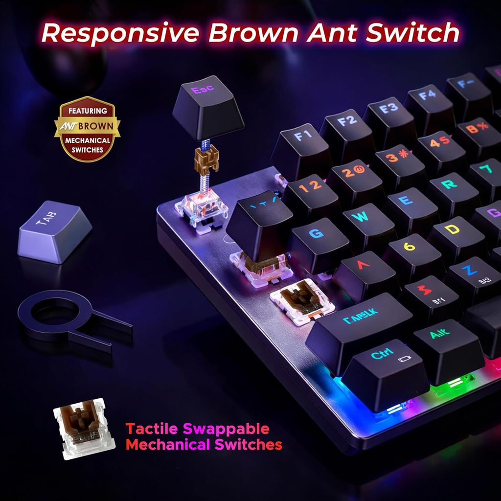 ANT ESPORTS - 3 IN 1 WIRELESS RGB MECHANICAL KEYBOARD FULL SIZE BROWN SWITCH BLACK - MK4400 PRO - Pakshal Impex
