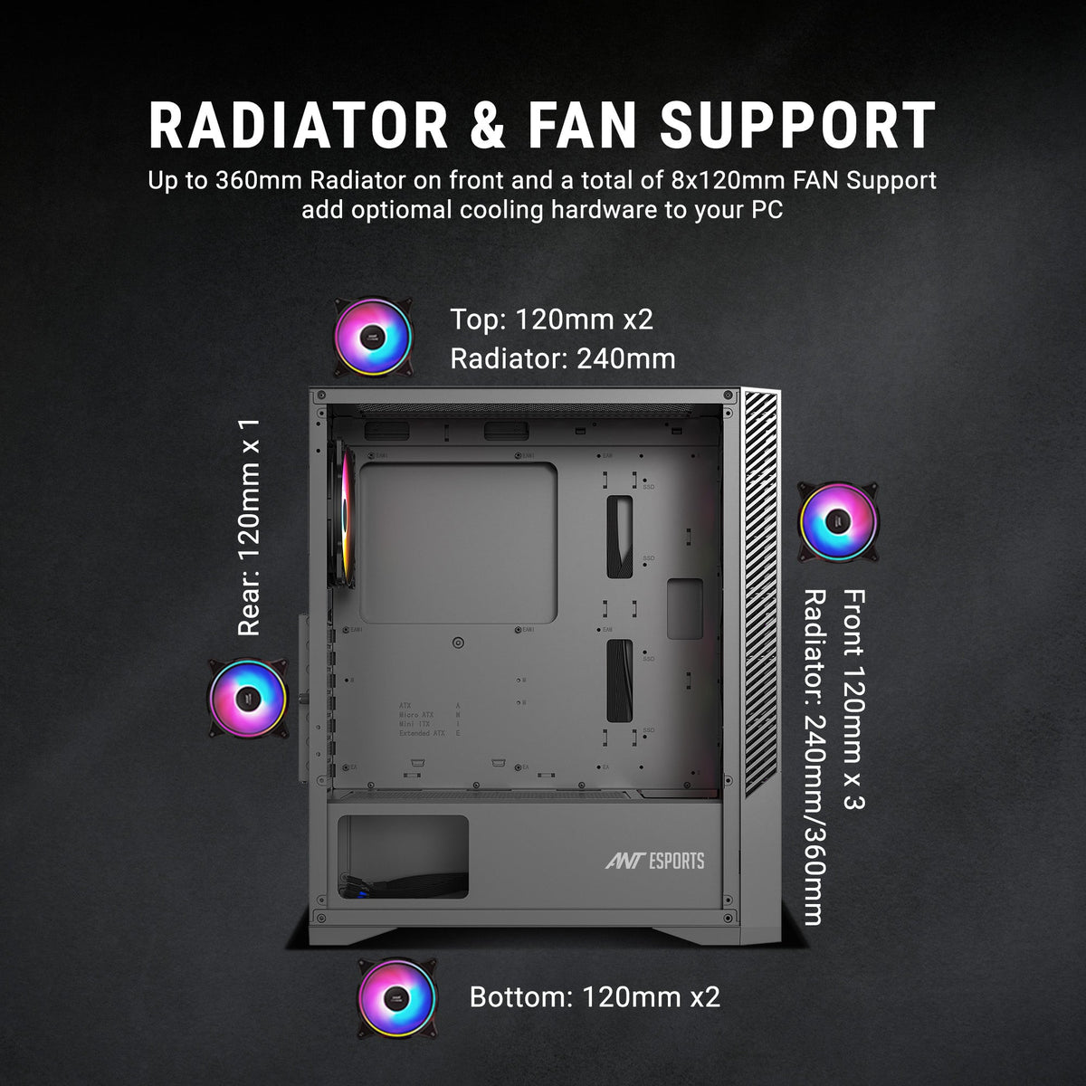 ANT ESPORTS CABINET ARGB WITH GLASS FRONT PANEL & 6 FAN BLACK - ICE 270G 6F - Pakshal Impex