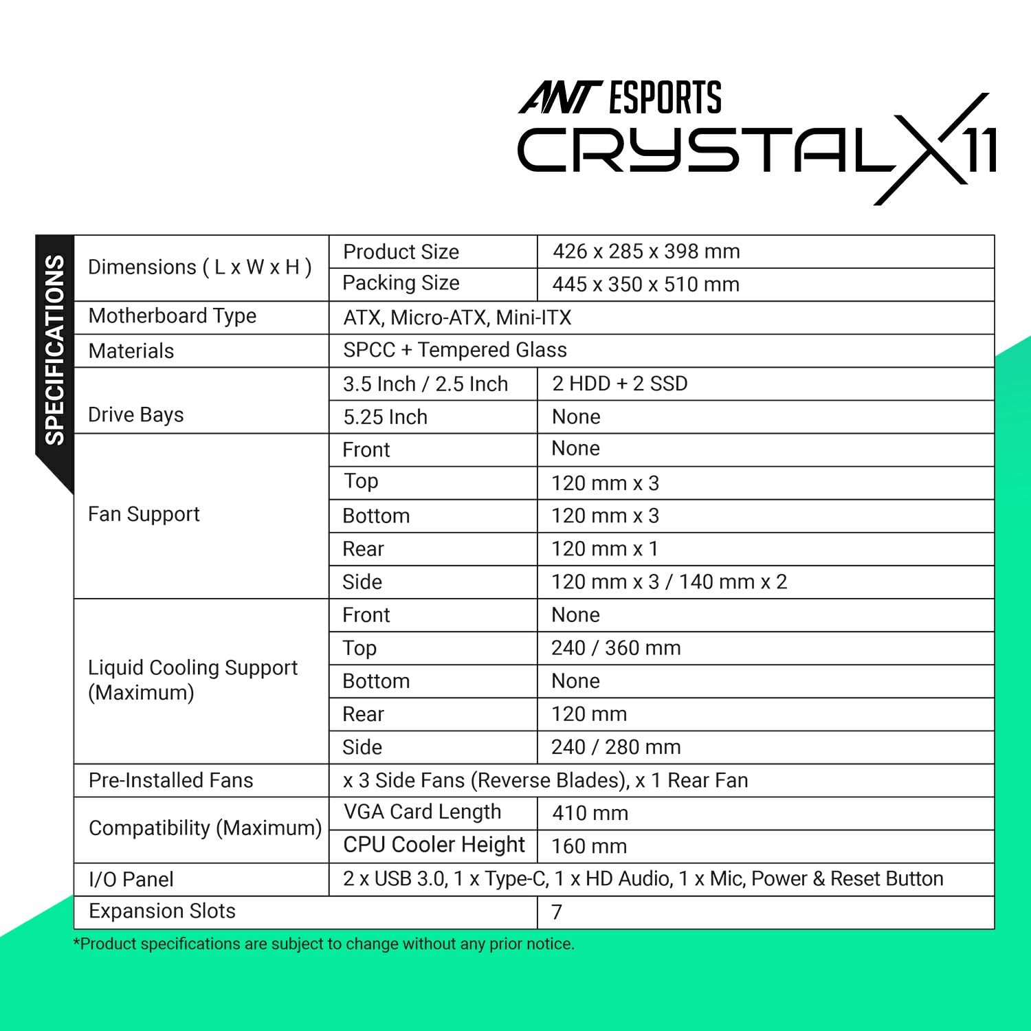 Ant Esports Chassis CRYSTAL X11 ( Chassis Without PSU ) - Pakshal Impex