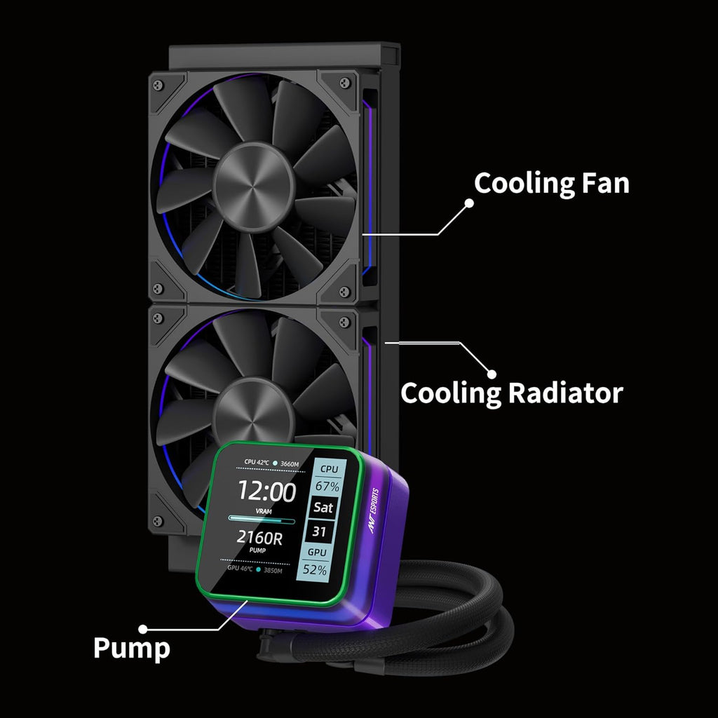 ANT ESPORTS LIQUID COOLER ARGB 240MM WITH 2.8 INCH LCD DISPLAY BLACK - GLACIUS 240D - Pakshal Impex