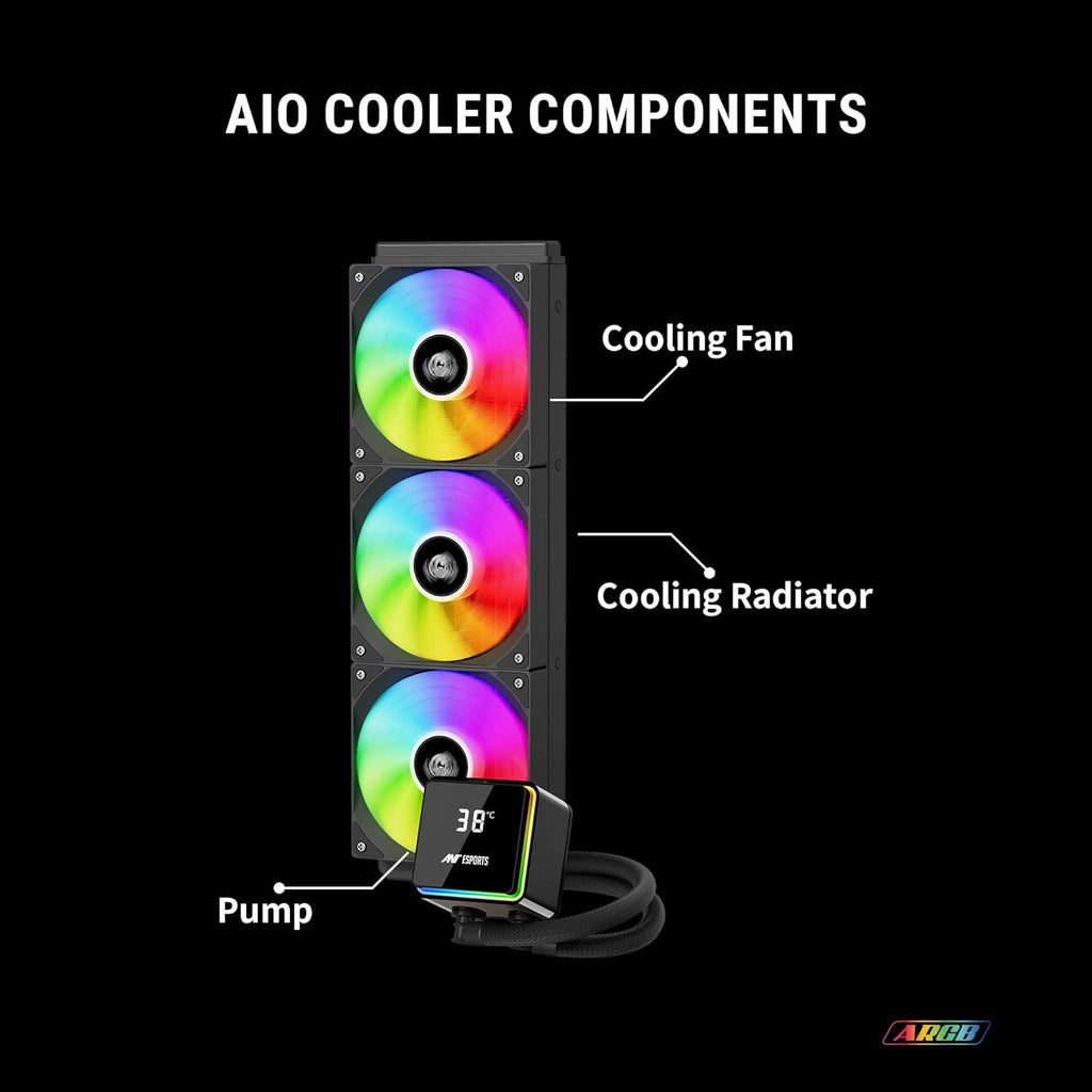 ANT ESPORTS LIQUID COOLER ARGB 360MM WITH DIGITAL TEMPERATURE DISPLAY BLACK - ICE STORM 360 - Pakshal Impex