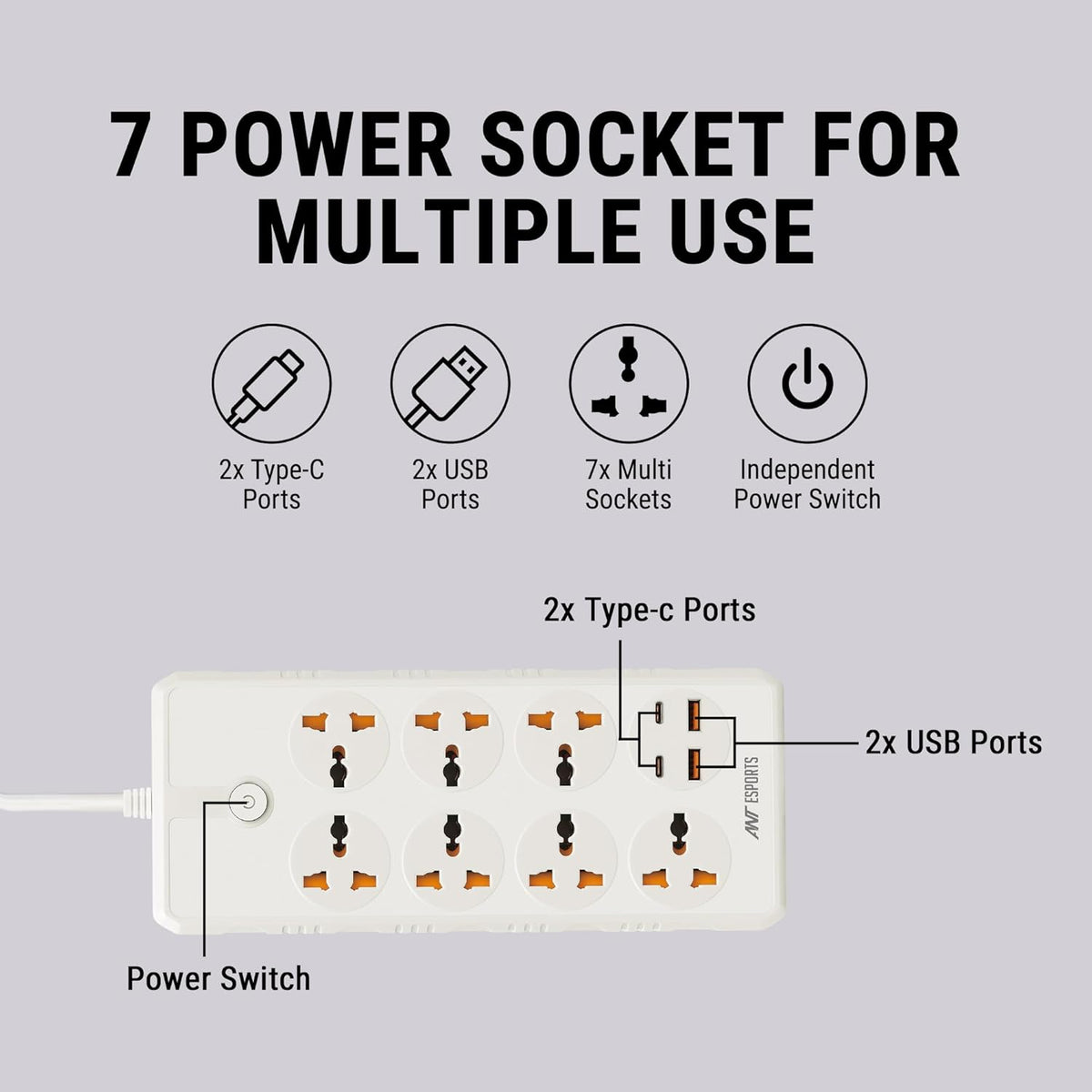 ANT ESPORTS MULTI SOCKET POWER STRIP WHITE - PS722 - Pakshal Impex