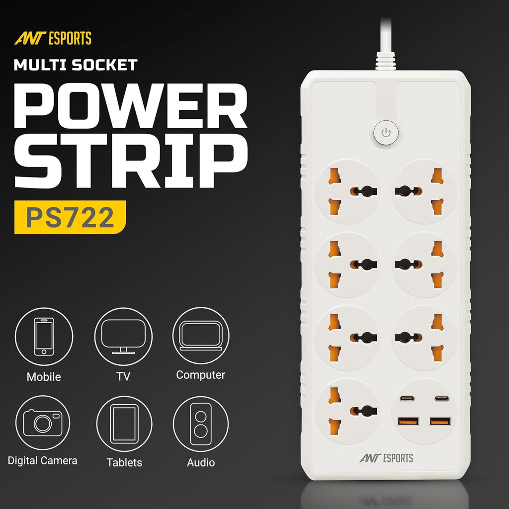 ANT ESPORTS MULTI SOCKET POWER STRIP WHITE - PS722 - Pakshal Impex