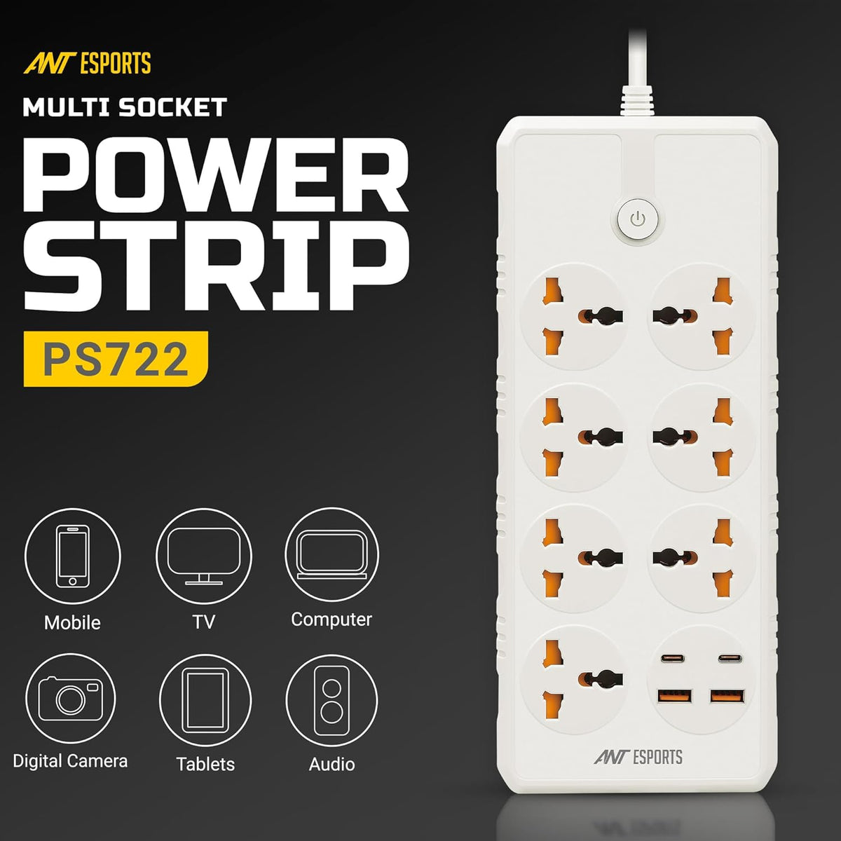 ANT ESPORTS MULTI SOCKET POWER STRIP WHITE - PS722 - Pakshal Impex