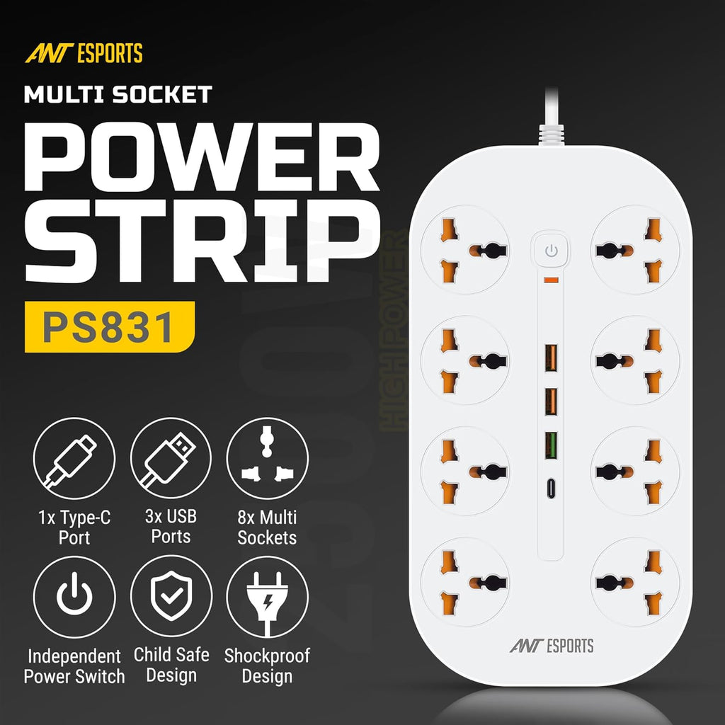 ANT ESPORTS MULTI SOCKET POWER STRIP WHITE - PS831 - Pakshal Impex