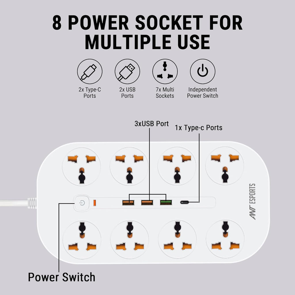 ANT ESPORTS MULTI SOCKET POWER STRIP WHITE - PS831 - Pakshal Impex