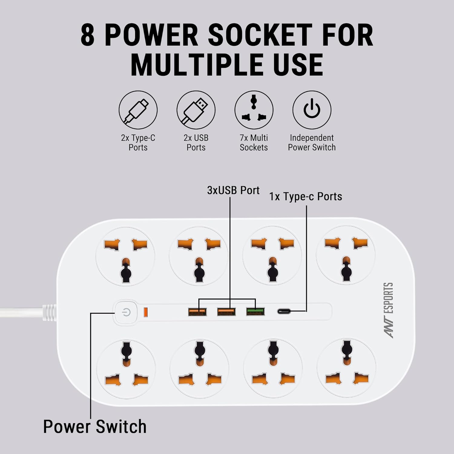 ANT ESPORTS MULTI SOCKET POWER STRIP WHITE - PS831 - Pakshal Impex