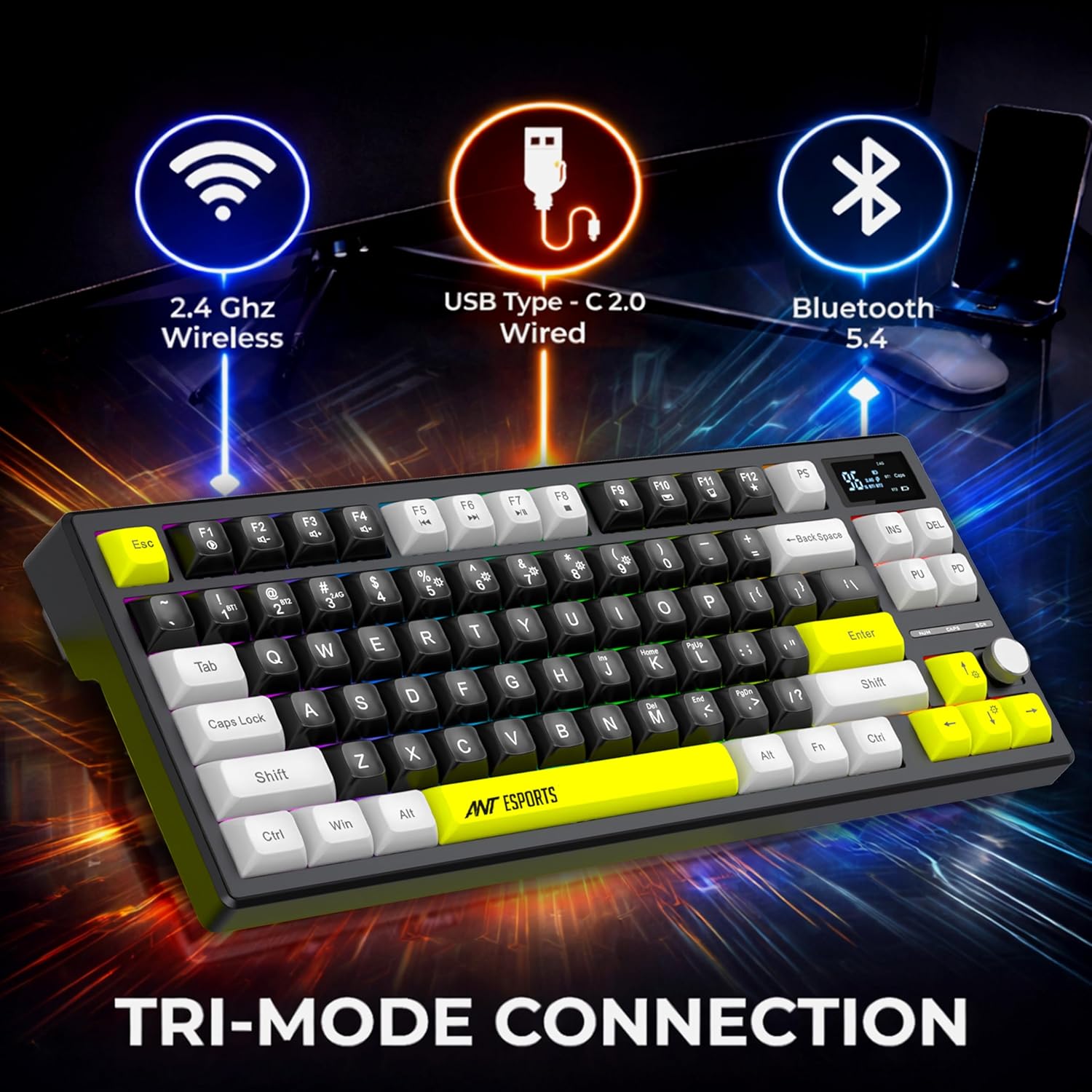 ANT ESPORTS - TRI - MODE WIRELESS RGB MAGNETIC MECHANICAL TKL KEYBOARD - WHITE, BLACK , YELLOW - APEX 200 - Pakshal Impex