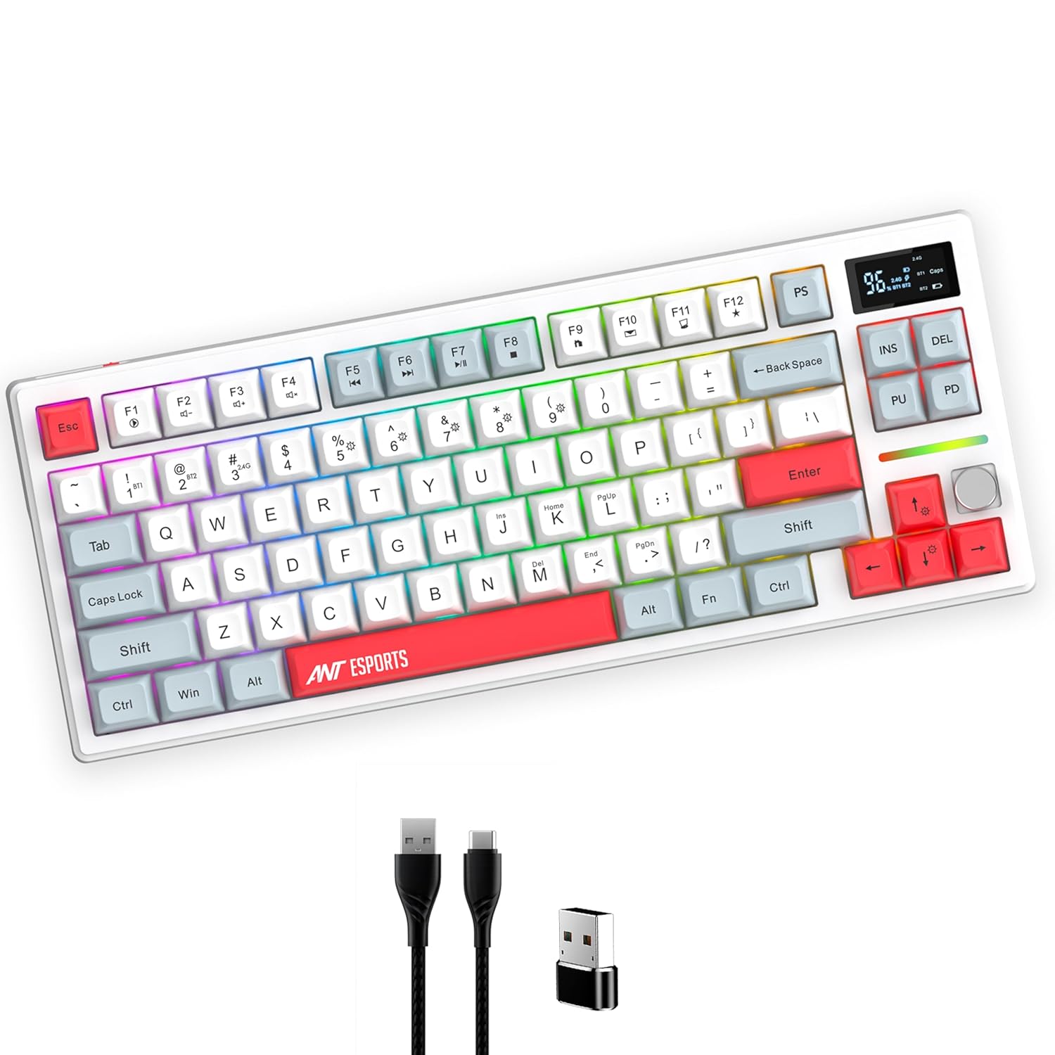 ANT ESPORTS - TRI - MODE WIRELESS RGB MAGNETIC MECHANICAL TKL KEYBOARD - WHITE, GREY, RED - APEX 200 - Pakshal Impex
