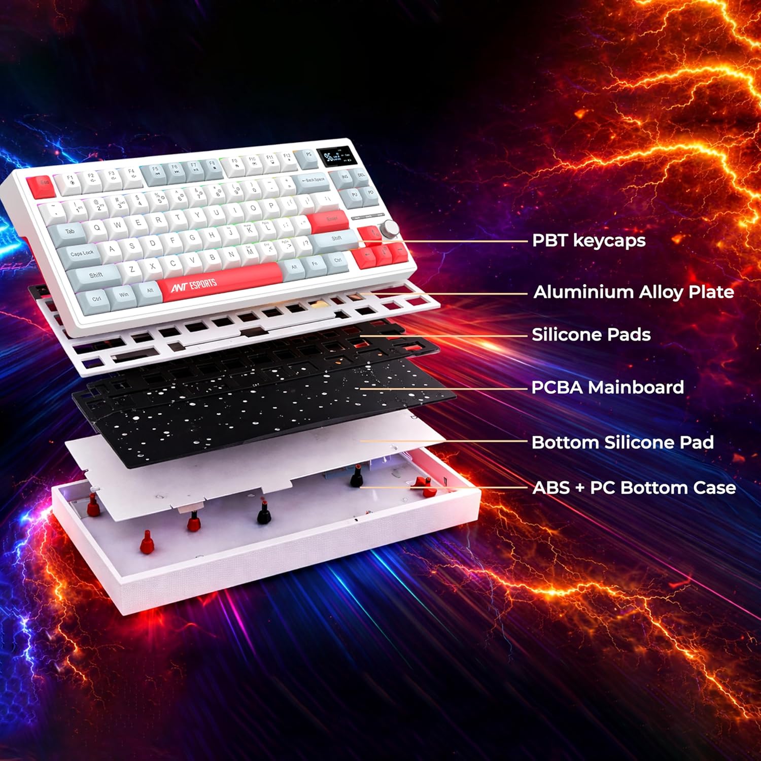 ANT ESPORTS - TRI - MODE WIRELESS RGB MAGNETIC MECHANICAL TKL KEYBOARD - WHITE, GREY, RED - APEX 200 - Pakshal Impex