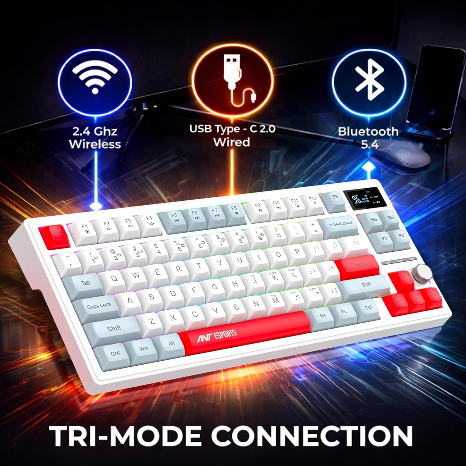 ANT ESPORTS - TRI - MODE WIRELESS RGB MAGNETIC MECHANICAL TKL KEYBOARD - WHITE, GREY, RED - APEX 200 - Pakshal Impex