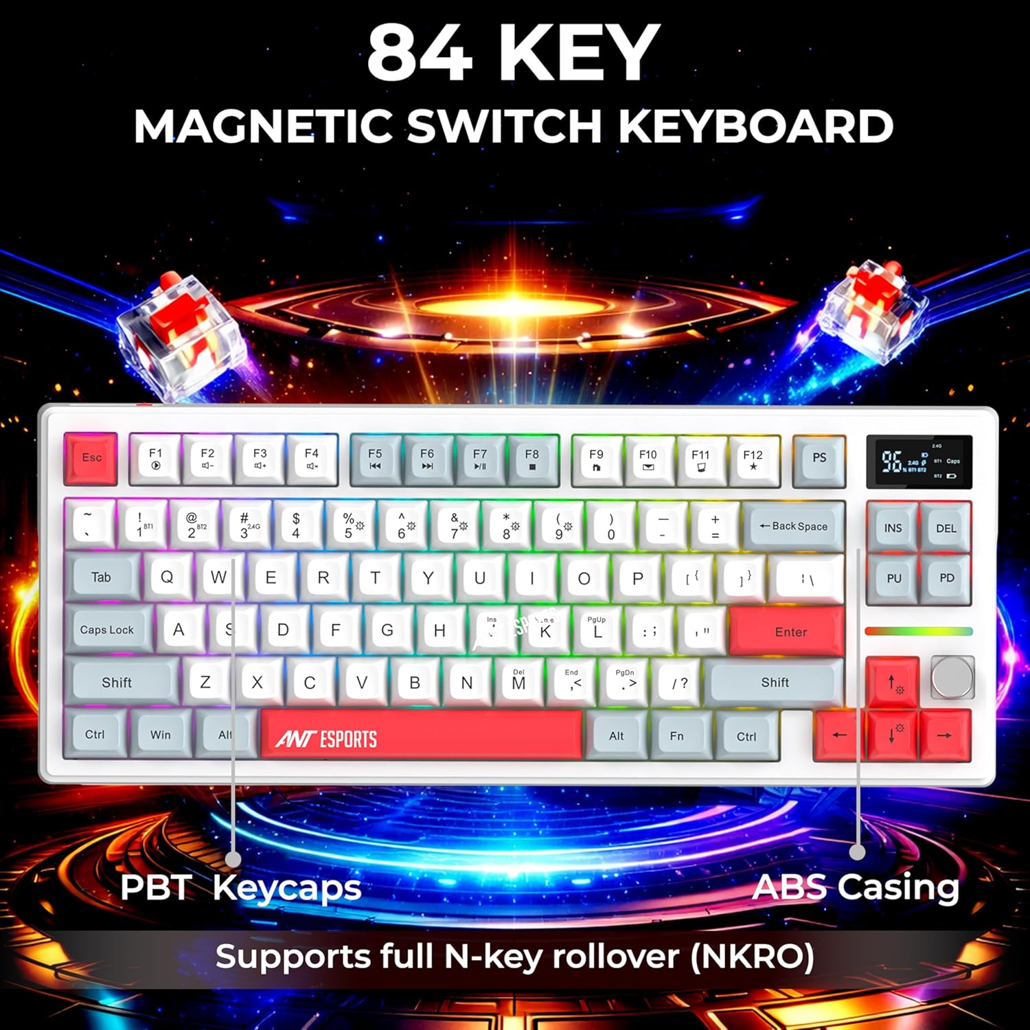ANT ESPORTS - TRI - MODE WIRELESS RGB MAGNETIC MECHANICAL TKL KEYBOARD - WHITE, GREY, RED - APEX 200 - Pakshal Impex