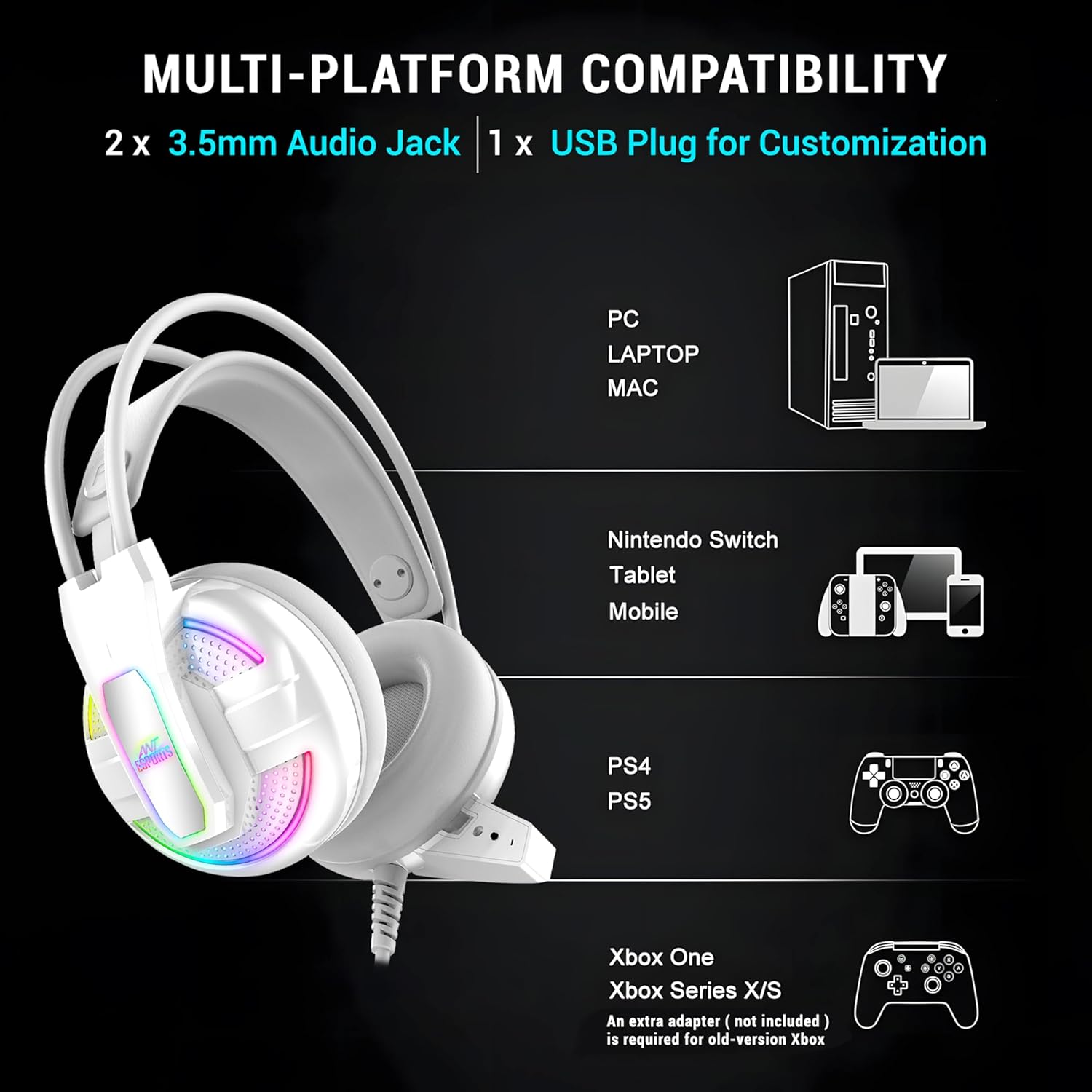 ANT ESPORTS WIRED RGB GAMING HEADSET WHITE-H525 PRO - Pakshal Impex